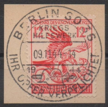 Michel Nr. 906, Marsch zur Feldherrnhalle auf Briefstück mit Ersttagsstempel.